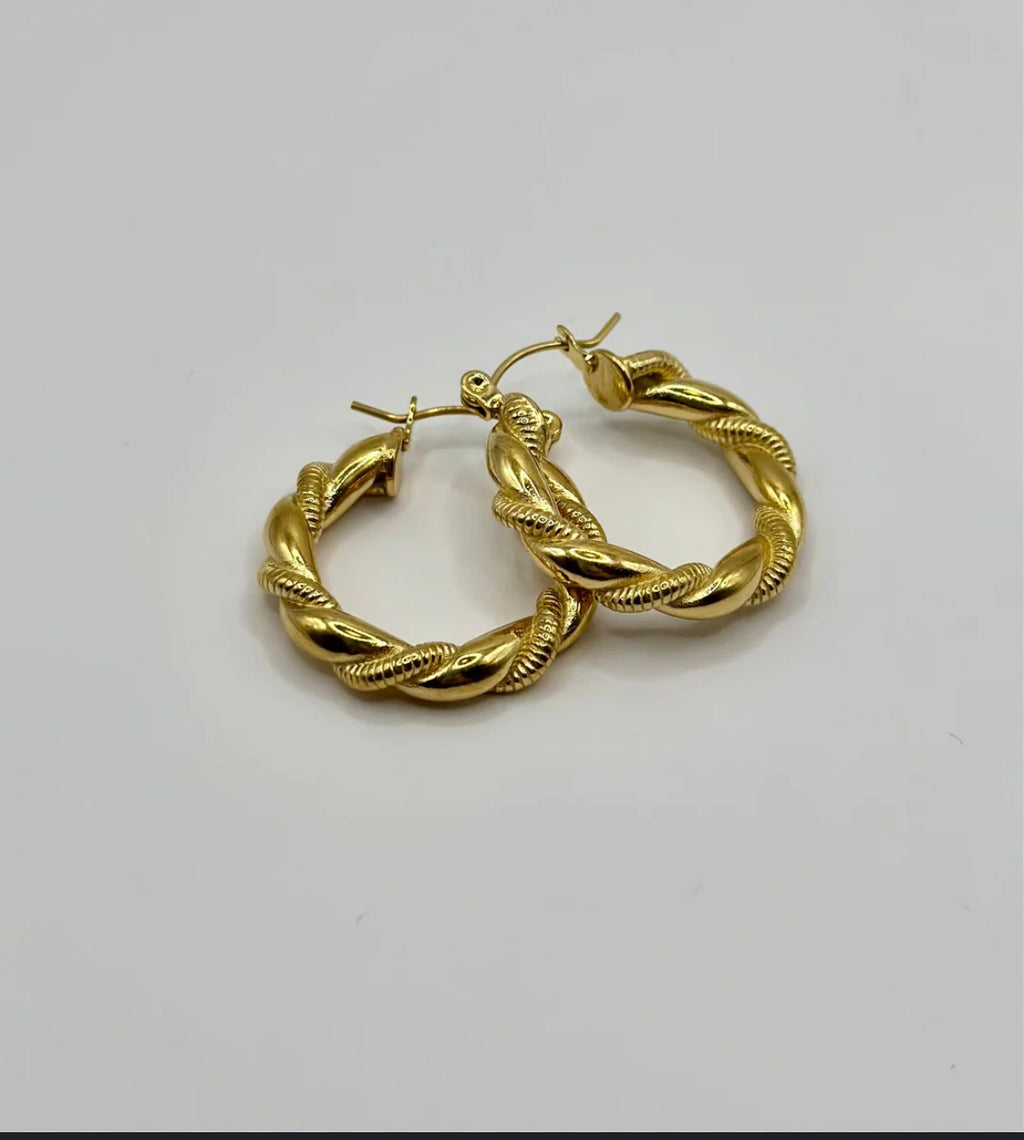 Gold Twisted Hoop Earrings - Textured Spiral Design