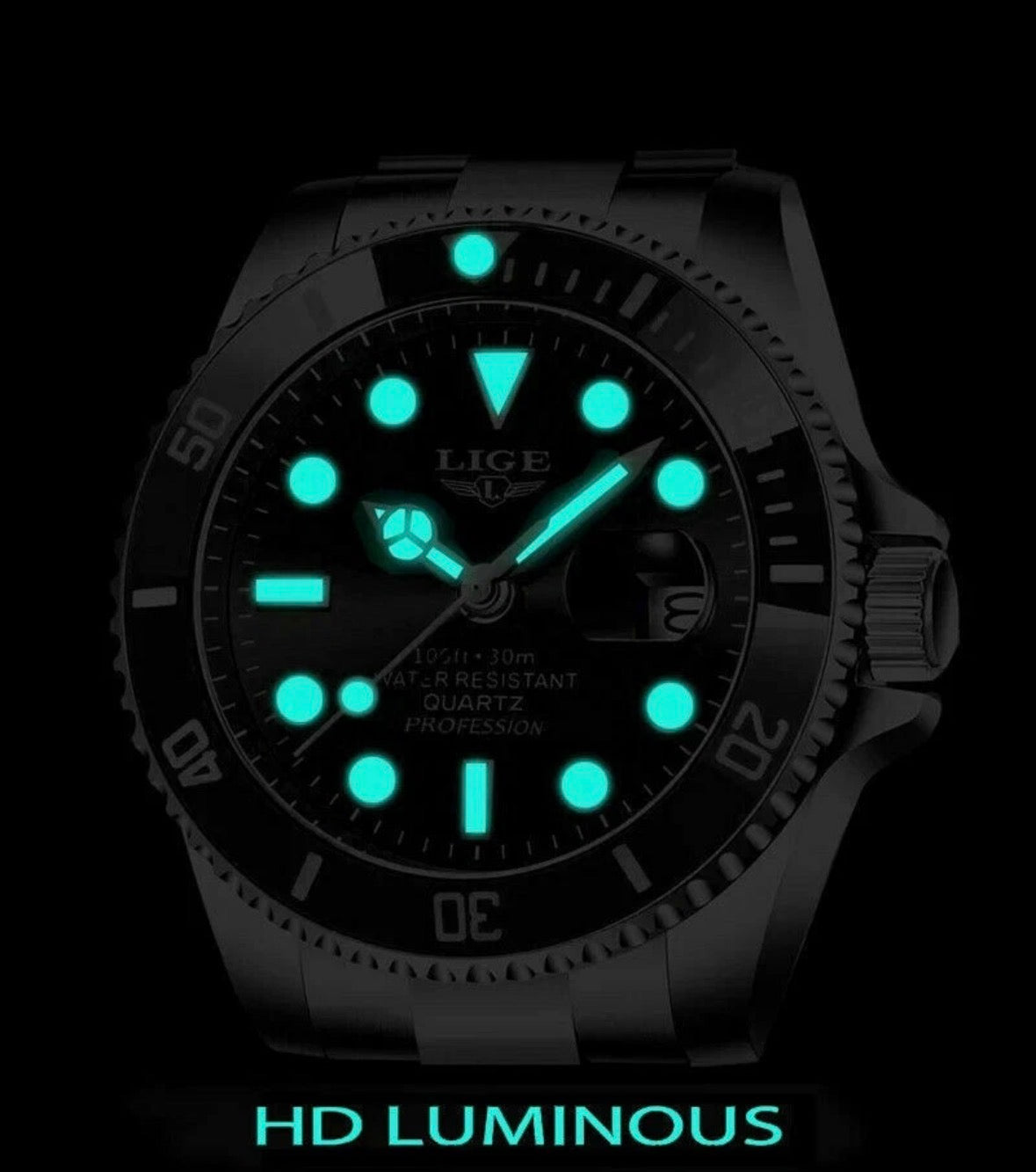 LIGE Men Watch Brand Luminous Pointer Gold Steel Wristwatch Military Sport Watch