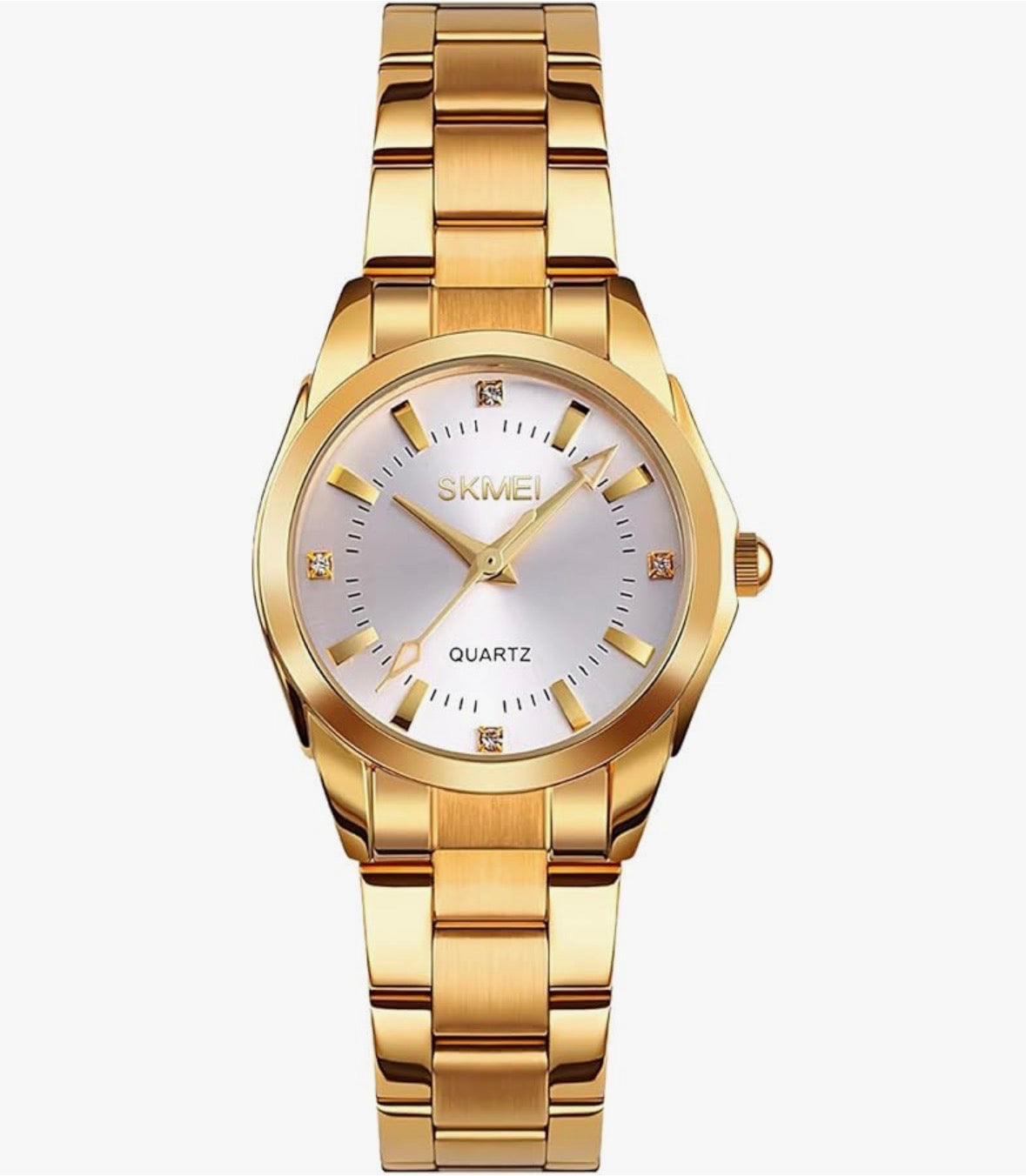 This is a gold-tone SKMEI 1620 luxury quartz women's watch with a stainless steel band and a white dial.