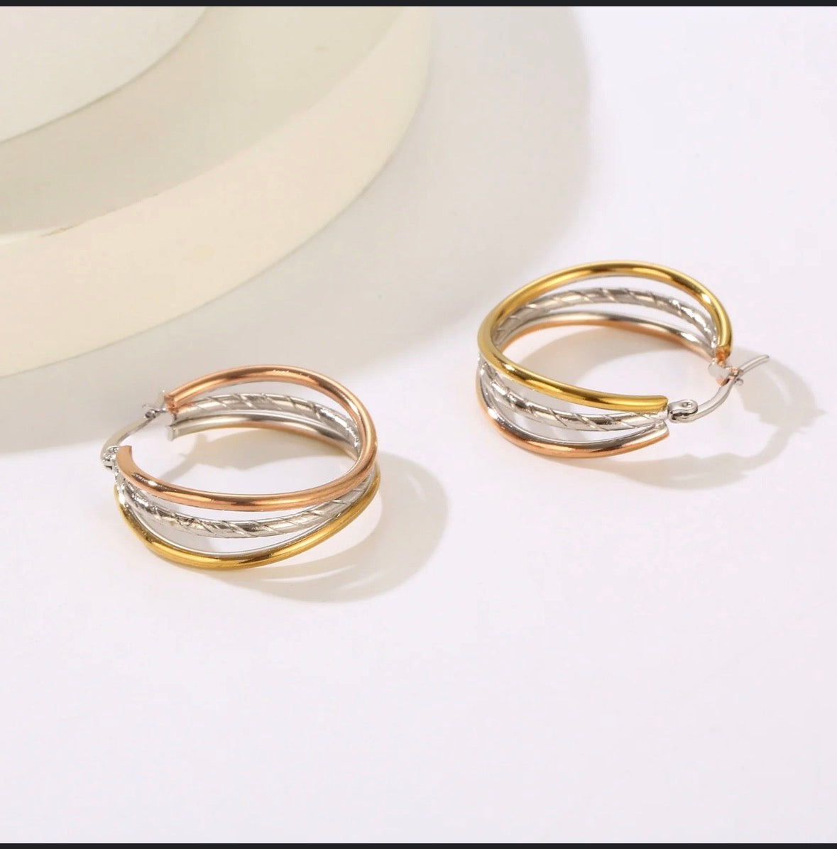 Carissima 9ct Tri-Color Triple Loop Creole Hoop Earrings