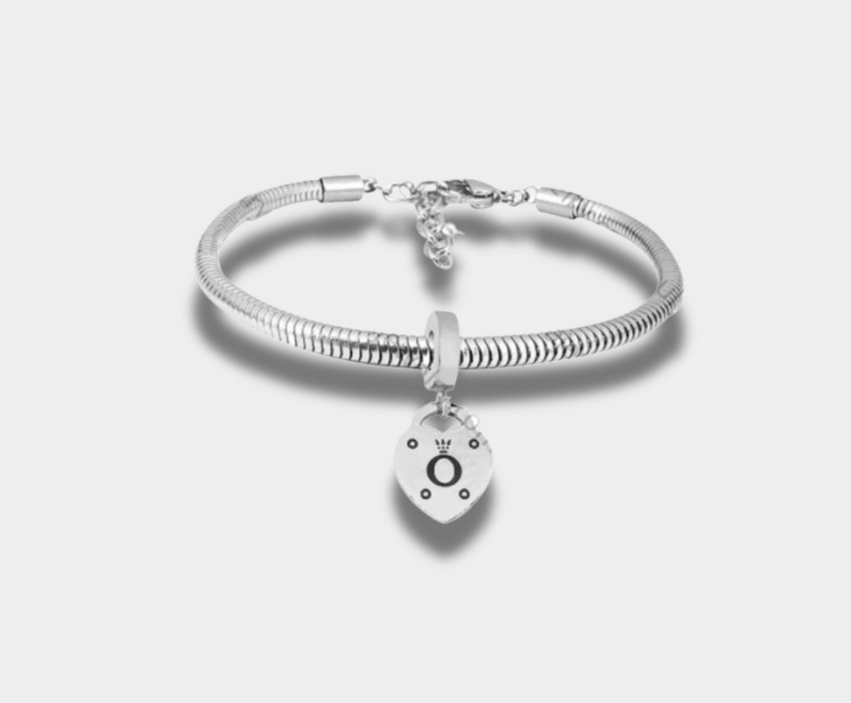 Crowned Harmony Bracelet - Silver Snake Chain with Heart Charm