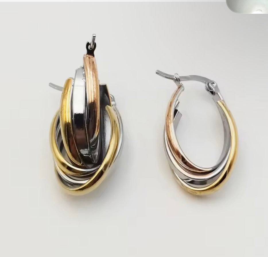 Tri-Colored Two-Tone Interlocking Hoop Earrings - Mixed Metal