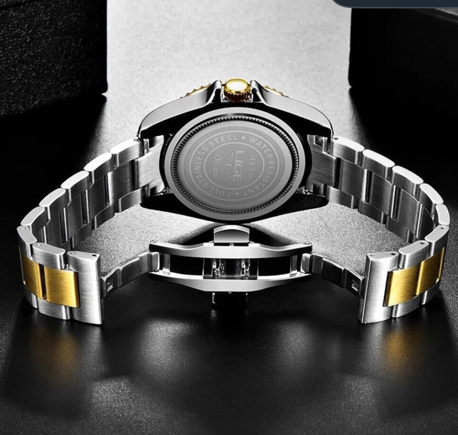 LIGE Men Watch Brand Luminous Pointer Gold Steel Wristwatch Military Sport Watch