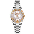 This is a SKMEI 1534 women's quartz watch with a stainless steel band and a gold-tone, rhinestone-inlaid bezel
