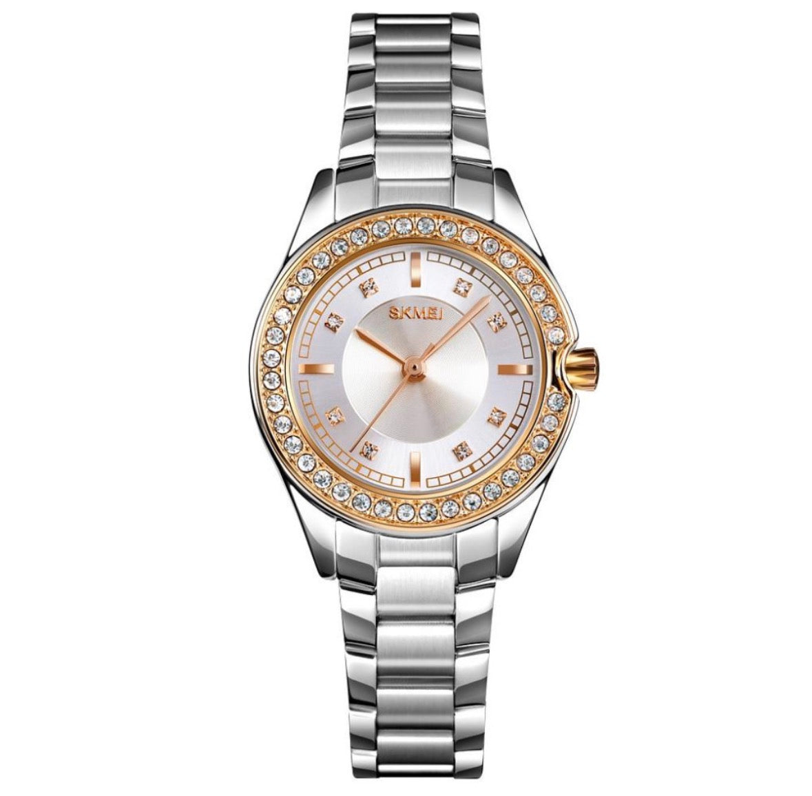 This is a SKMEI 1534 women's quartz watch with a stainless steel band and a gold-tone, rhinestone-inlaid bezel