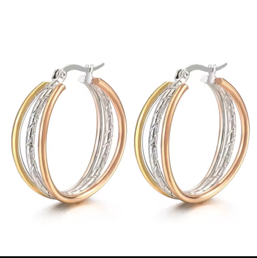 Carissima 9ct Tri-Color Triple Loop Creole Hoop Earrings