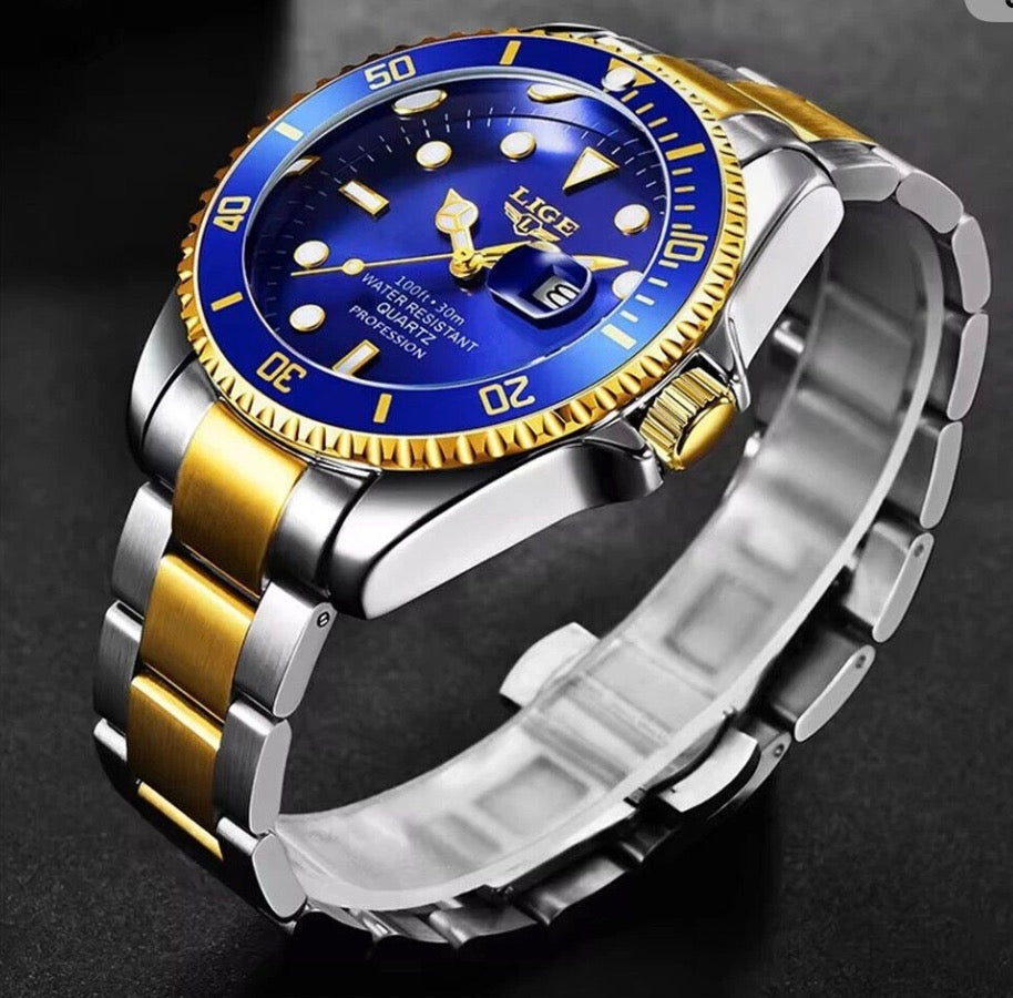 LIGE Men Watch Brand Luminous Pointer Gold Steel Wristwatch Military Sport Watch