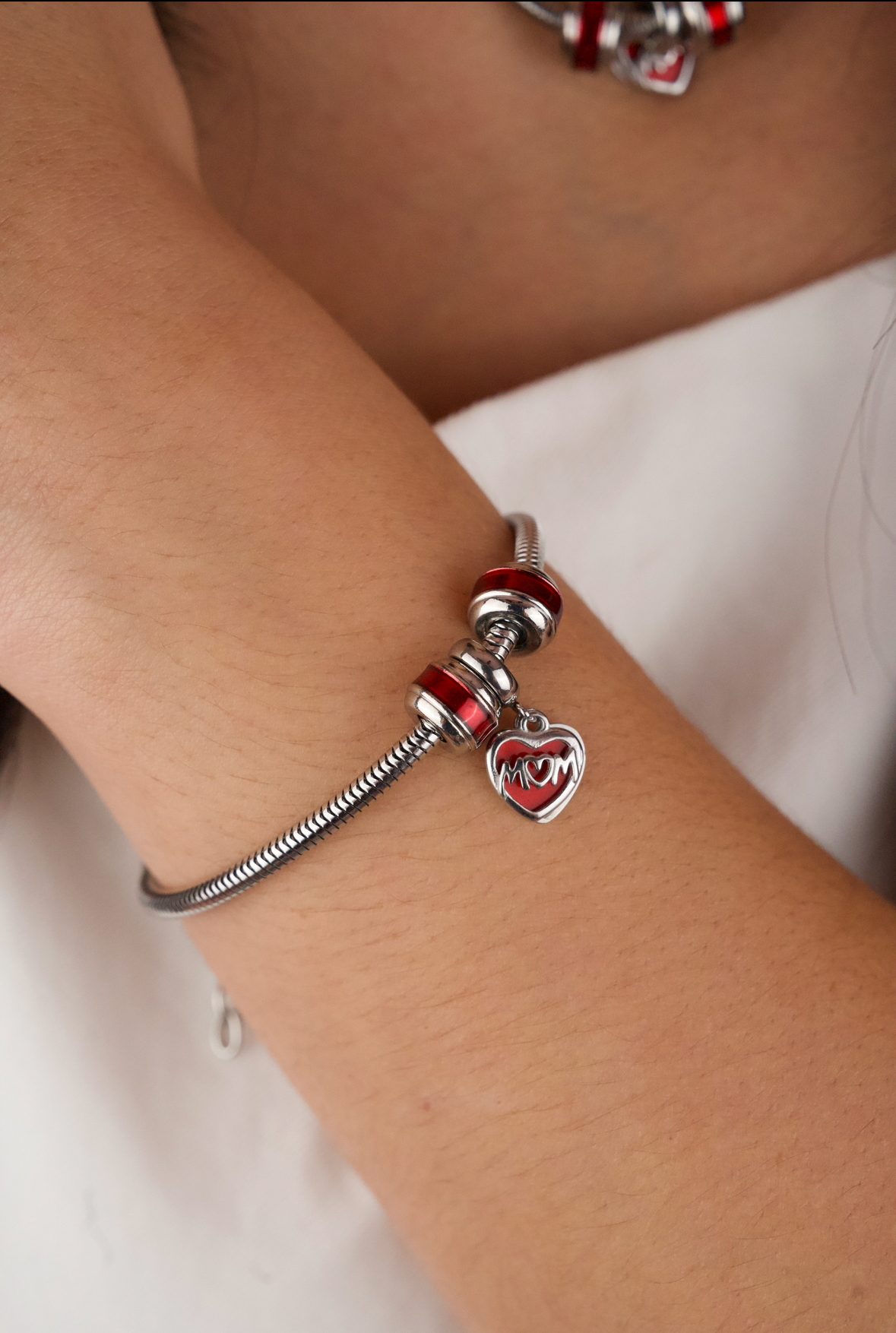 Red Enamel Heart Charm Bracelet & Necklace Set - Playful Elegance