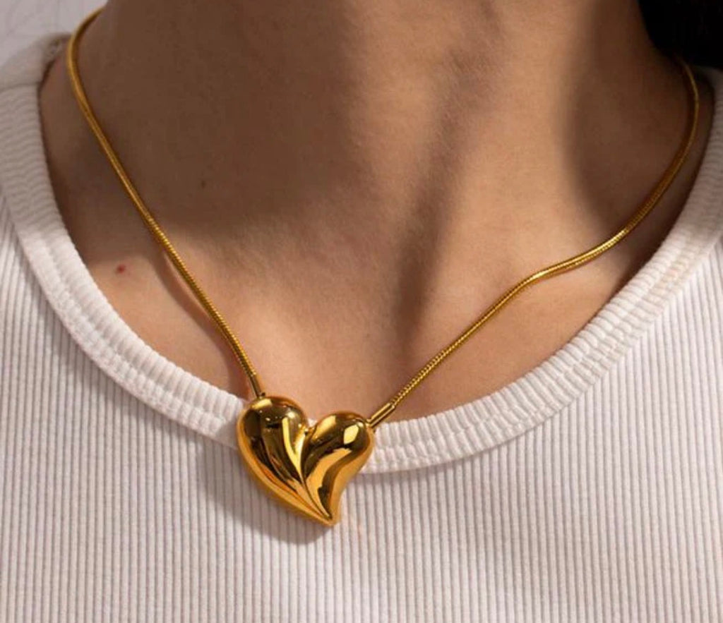Chunky Gold Heart Pendant Necklace - Bold Stainless Steel Statement