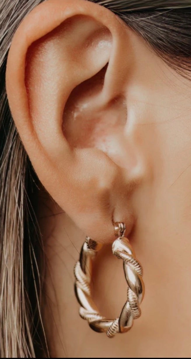 Gold Twisted Hoop Earrings - Textured Spiral Design