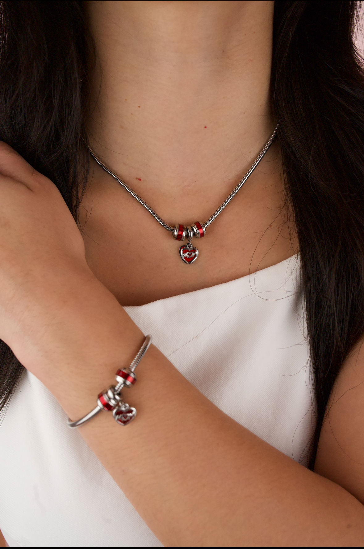 Red Enamel Heart Charm Bracelet & Necklace Set - Playful Elegance