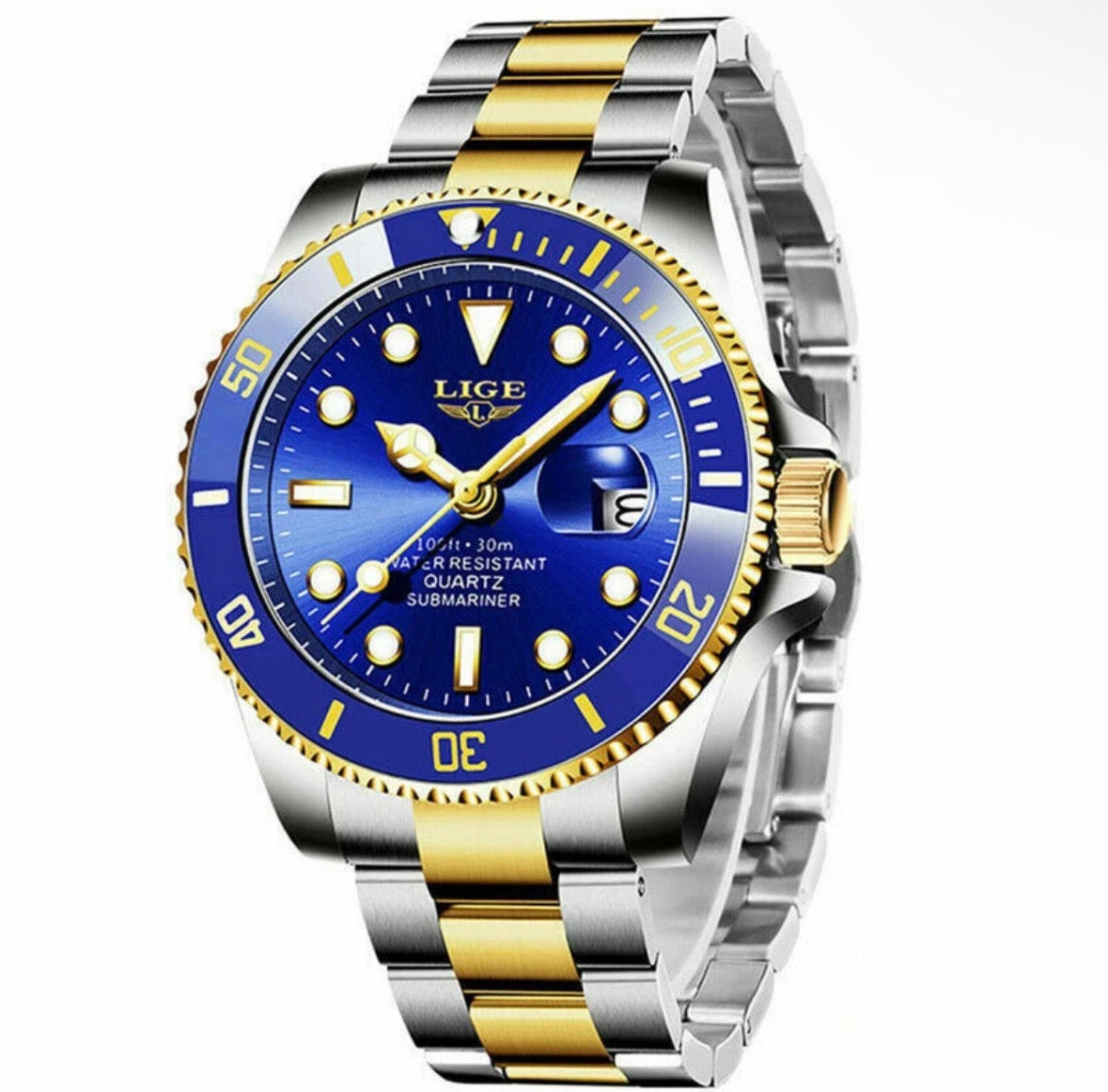 LIGE Men Watch Brand Luminous Pointer Gold Steel Wristwatch Military Sport Watch