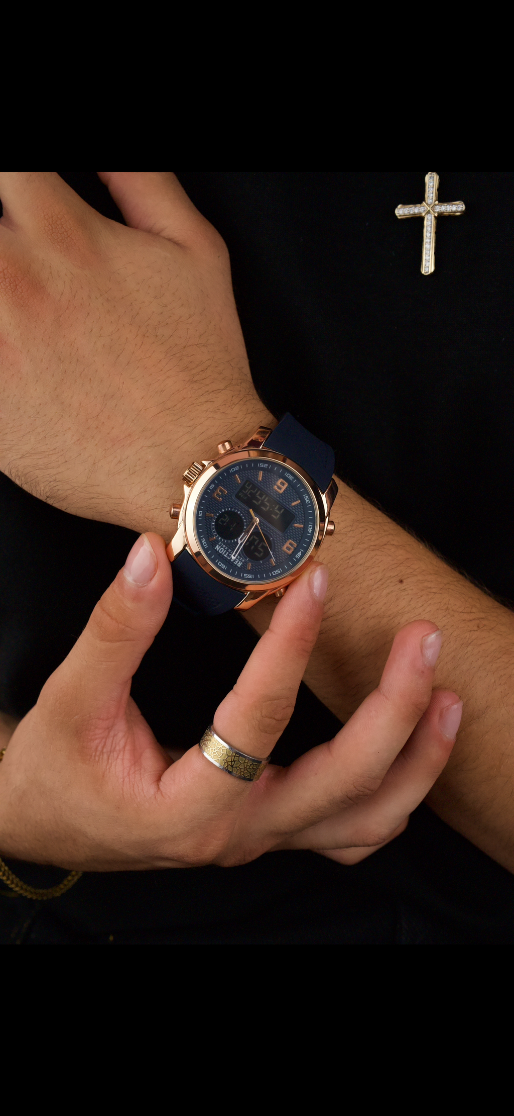 Kenneth Cole Reaction men's analog-digital watch with a rose gold-tone case and a blue silicone strap.