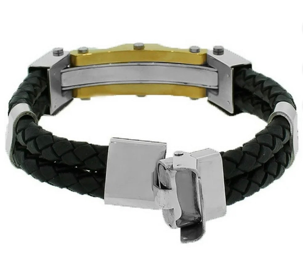 men's bracelet featuring a black braided leather band with a stainless steel and gold-tone titanium center link and a single white cubic zirconia accent.
