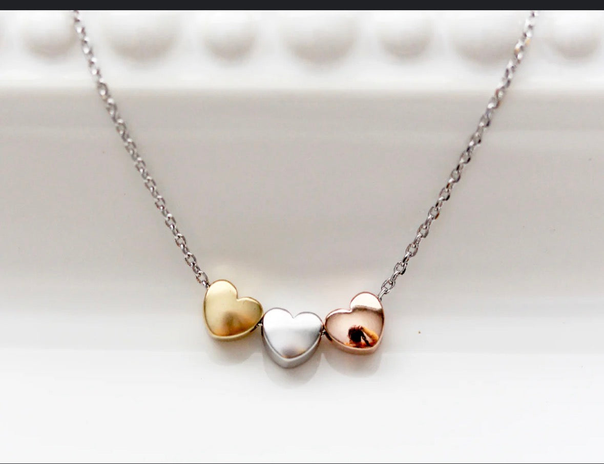 Tri-Color Gold Puffy Heart Necklace - White Rose Yellow 14K/10K