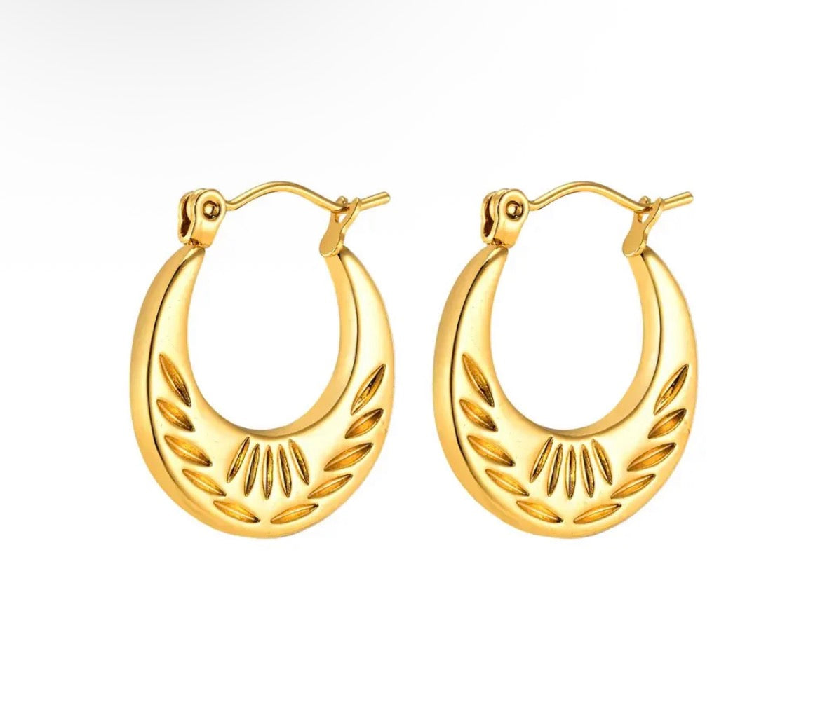 Gold Leaf Boat Hoop Earrings - Decorative Engraved Design