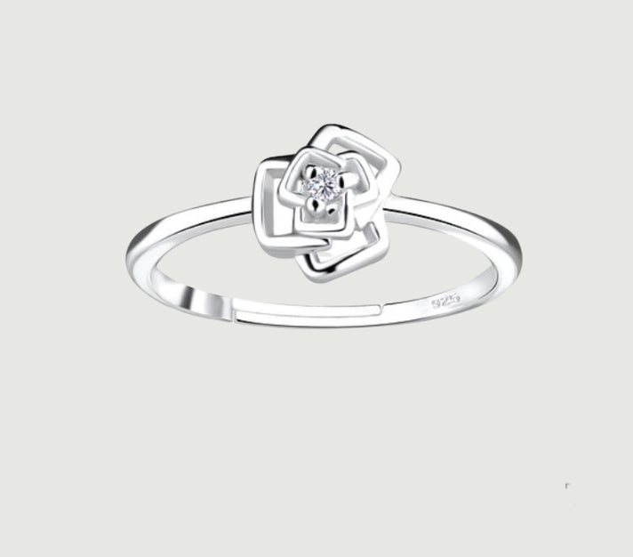 925 Silver Adjustable Rose Ring with Natural Diamond - Delicate Design